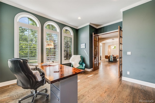 2362 Spruce Way, Denver, CO 80238 - office area with baseboards, wood finished floors, ornamental molding, recessed lighting, and french doors