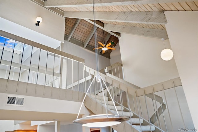 staircase with beam ceiling, visible vents, wooden ceiling, and high vaulted ceiling