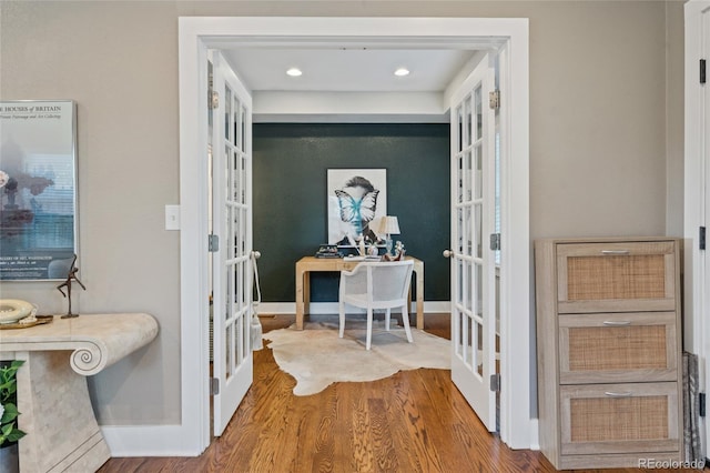 3881 Zenobia St, Denver, CO 80212 - corridor featuring french doors, wood finished floors, a desk, and recessed lighting