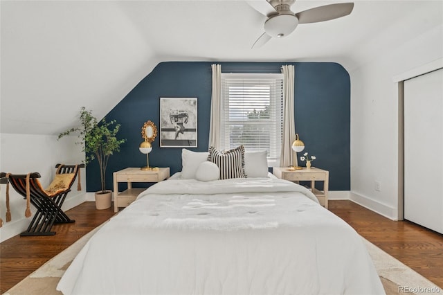 3881 Zenobia St, Denver, CO 80212 - bedroom featuring lofted ceiling, wood finished floors, and ceiling fan