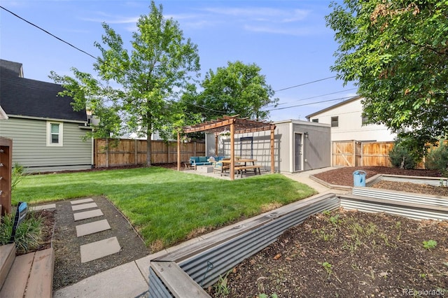 3881 Zenobia St, Denver, CO 80212 - fenced backyard with an outdoor living space, a pergola, a garden, a storage unit, and a patio area
