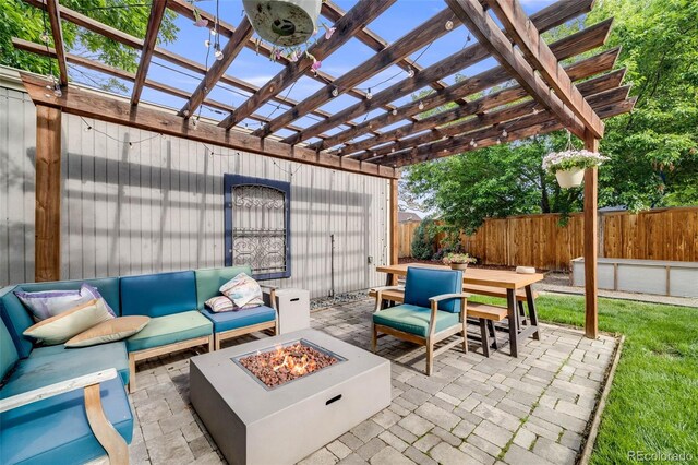 3881 Zenobia St, Denver, CO 80212 - fenced backyard with an outdoor living space with a fire pit, a patio, outdoor dining space, and a pergola