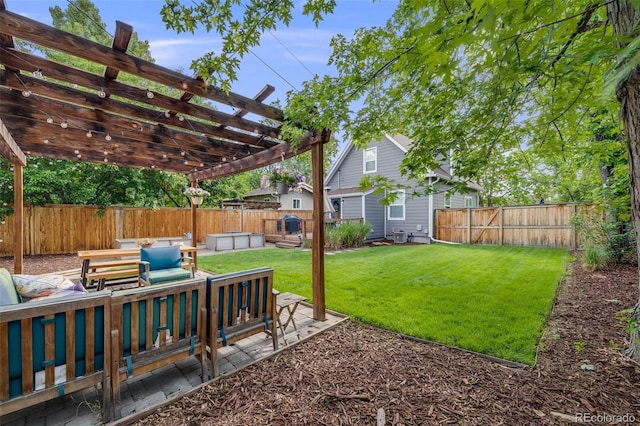3881 Zenobia St, Denver, CO 80212 - fenced backyard featuring an outdoor living space and a pergola