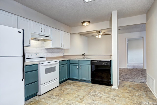 kitchen with white appliances, ceiling fan, light countertops, under cabinet range hood, and blue cabinetry