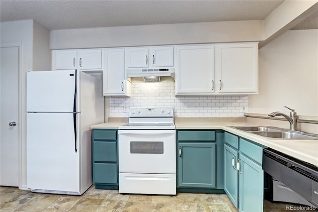 kitchen with white appliances, white cabinetry, under cabinet range hood, and a sink