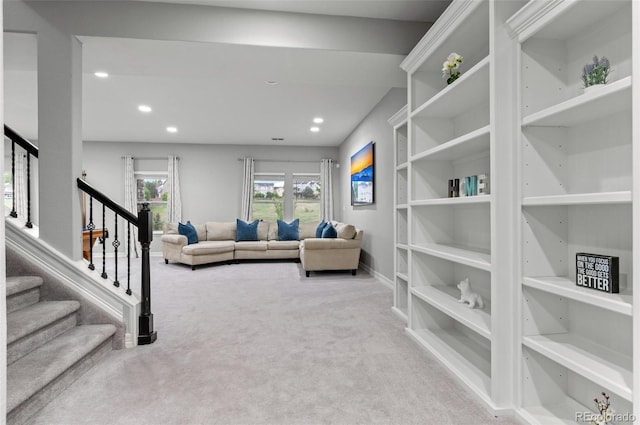 3041 Starling Ct, Castle Rock, CO 80109 - carpeted living area featuring recessed lighting, stairs, and baseboards