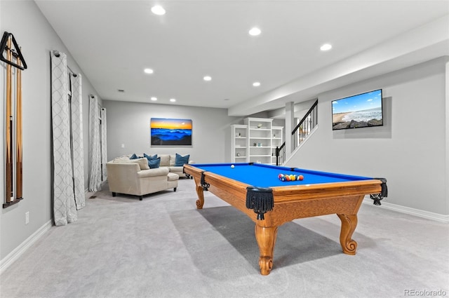 3041 Starling Ct, Castle Rock, CO 80109 - game room with light carpet, recessed lighting, baseboards, and pool table