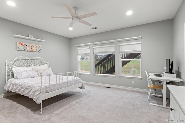 3041 Starling Ct, Castle Rock, CO 80109 - bedroom featuring light colored carpet, baseboards, recessed lighting, and a ceiling fan
