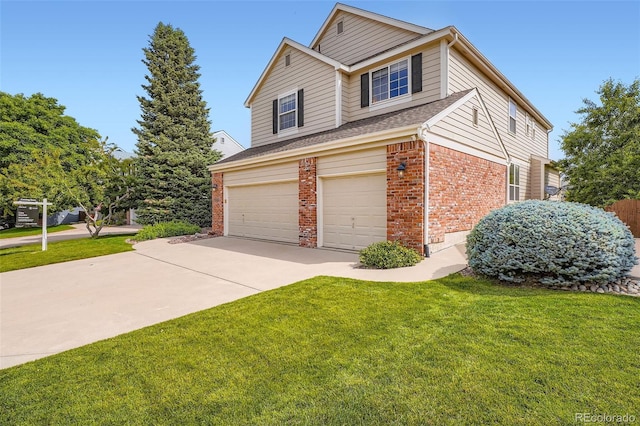 2561 Cactus Bluff Pl, Highlands Ranch, CO 80129 - view of front of home featuring brick siding, an attached garage, concrete driveway, and a front yard