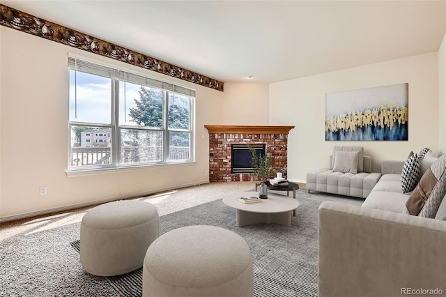 2561 Cactus Bluff Pl, Highlands Ranch, CO 80129 - living area with carpet flooring and a brick fireplace