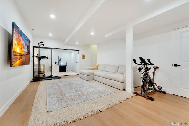 workout area featuring light wood-type flooring