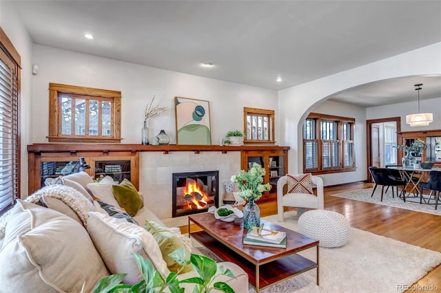 285 S Williams St, Denver, CO 80209 - living room featuring arched walkways, a tile fireplace, wood finished floors, and plenty of natural light
