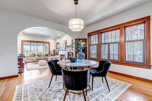 285 S Williams St, Denver, CO 80209 - dining space with a warm lit fireplace, baseboards, arched walkways, and light wood-style floors