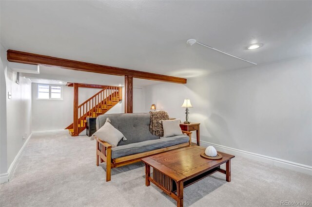 285 S Williams St, Denver, CO 80209 - living area with beamed ceiling, light colored carpet, recessed lighting, stairs, and baseboards