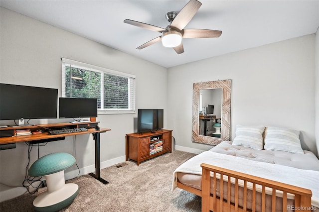 bedroom featuring carpet flooring, ceiling fan, and baseboards