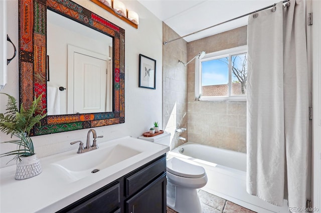 bathroom with shower / bath combination with curtain, vanity, toilet, and tile patterned floors