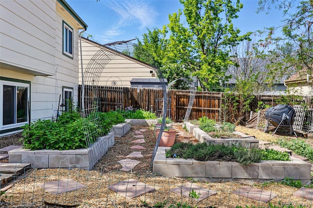 fenced backyard with a vegetable garden
