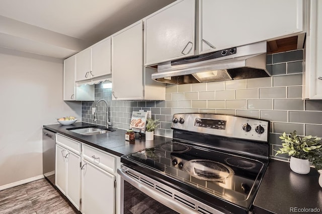 kitchen with under cabinet range hood, a sink, appliances with stainless steel finishes, tasteful backsplash, and dark countertops