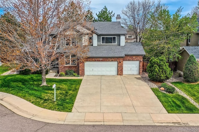 5305 W Lake Pl, Littleton, CO 80123 - traditional-style house featuring an attached garage, a chimney, a front lawn, brick siding, and roof with shingles