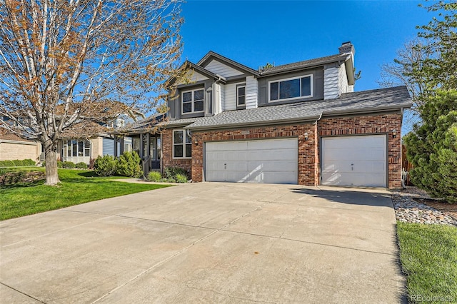 5305 W Lake Pl, Littleton, CO 80123 - traditional-style home featuring brick siding, driveway, a garage, a front yard, and a chimney