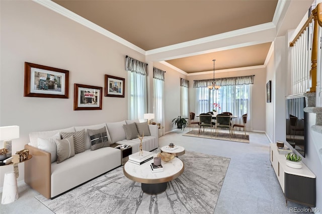 5305 W Lake Pl, Littleton, CO 80123 - carpeted living area featuring ornamental molding, a chandelier, and baseboards
