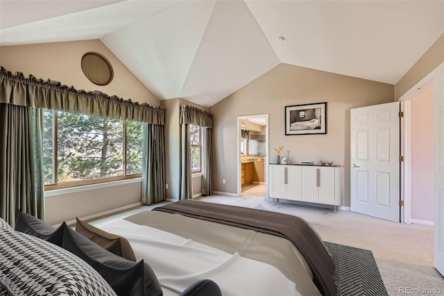 5305 W Lake Pl, Littleton, CO 80123 - bedroom featuring light carpet, lofted ceiling, baseboards, multiple windows, and ensuite bath