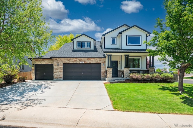 6488 Tilbury Ave, Firestone, CO 80504 - view of front of house with a porch, a garage, stone siding, concrete driveway, and roof with shingles