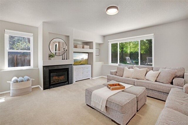 6488 Tilbury Ave, Firestone, CO 80504 - carpeted living area featuring a fireplace, plenty of natural light, and baseboards