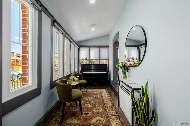 sitting room featuring recessed lighting, baseboards, lofted ceiling, and dark wood-style flooring