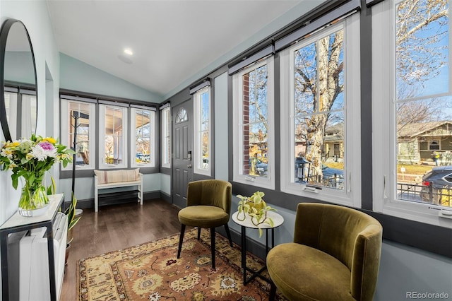 sitting room featuring recessed lighting, baseboards, lofted ceiling, and wood finished floors