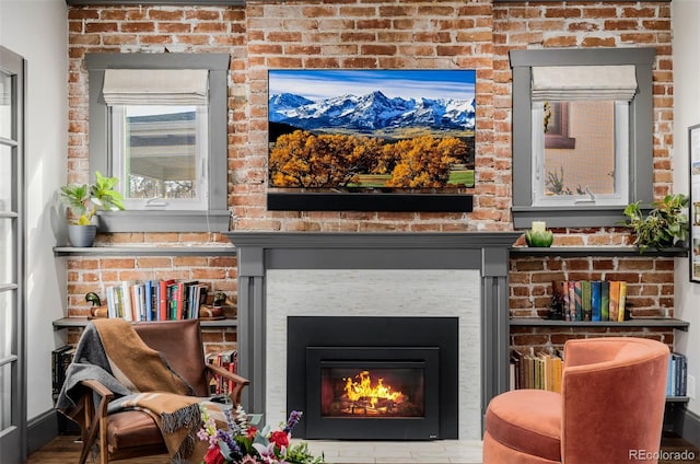 living room with a fireplace