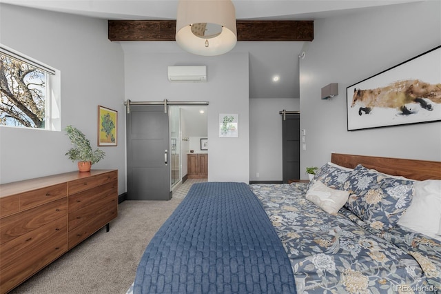 bedroom with light carpet, an AC wall unit, a barn door, connected bathroom, and vaulted ceiling with beams