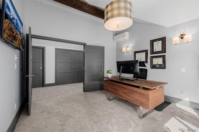 home office featuring a wall unit AC, baseboards, carpet floors, high vaulted ceiling, and beamed ceiling