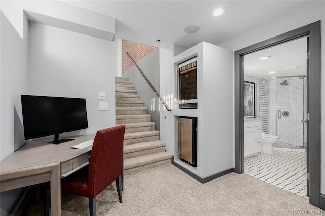 home office featuring recessed lighting and carpet