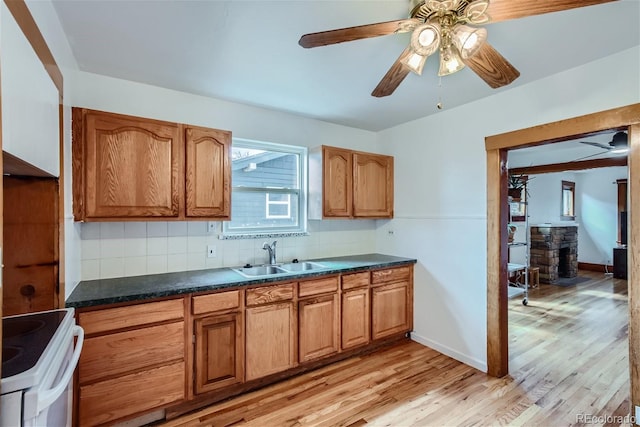 kitchen featuring electric range, light wood-style flooring, a sink, backsplash, and dark countertops