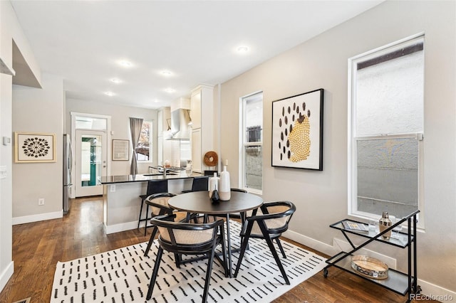 dining area with sink and dark hardwood / wood-style flooring