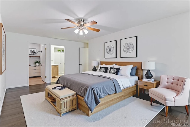 620 S Alton Way Unit 5B, Denver, CO 80247 - bedroom with wood finished floors, ensuite bathroom, and a ceiling fan
