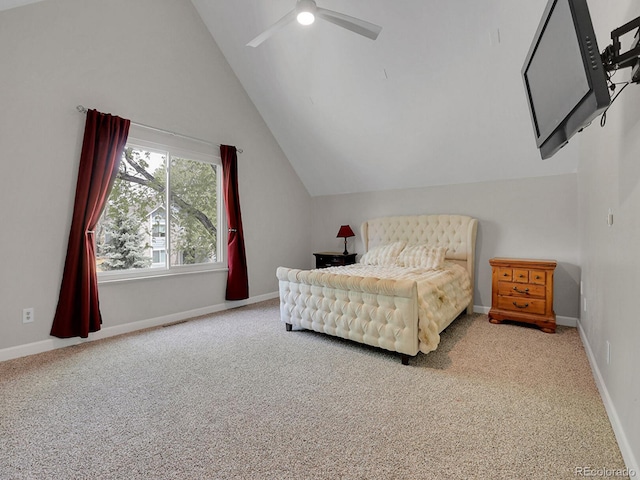 carpeted bedroom featuring vaulted ceiling, baseboards, and ceiling fan