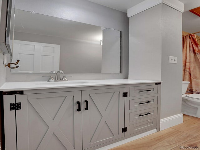 bathroom with toilet, wood finished floors, vanity, and baseboards