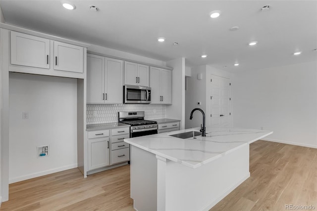 kitchen featuring stainless steel appliances, a sink, a kitchen island with sink, backsplash, and light wood finished floors