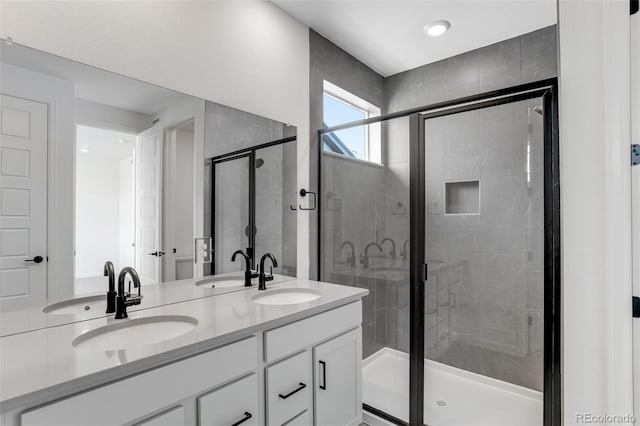bathroom featuring a stall shower and double vanity