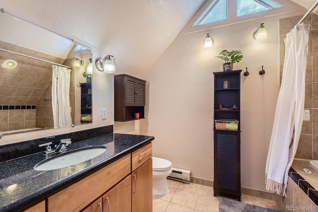 1065 6th St, Berthoud, CO 80513 - full bath featuring vaulted ceiling, tile patterned flooring, toilet, vanity, and a baseboard heating unit