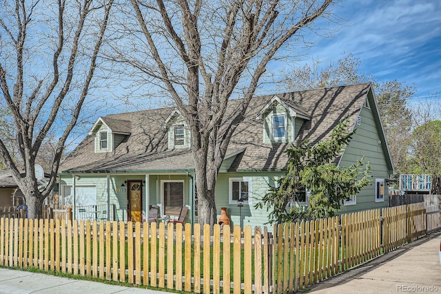 1065 6th St, Berthoud, CO 80513 - cape cod house with a fenced front yard, covered porch, and a shingled roof