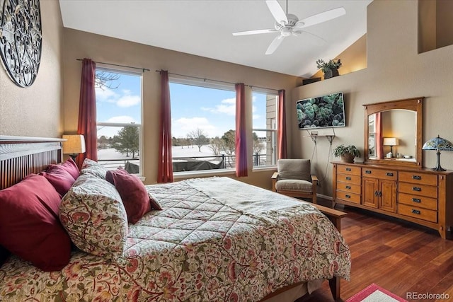 bedroom featuring multiple windows, ceiling fan, lofted ceiling, and dark hardwood / wood-style flooring