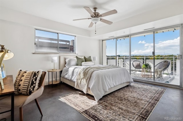 bedroom with access to outside and ceiling fan