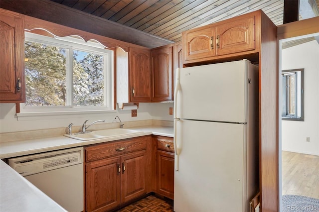 kitchen with wooden ceiling, white appliances, sink, and dark wood-type flooring