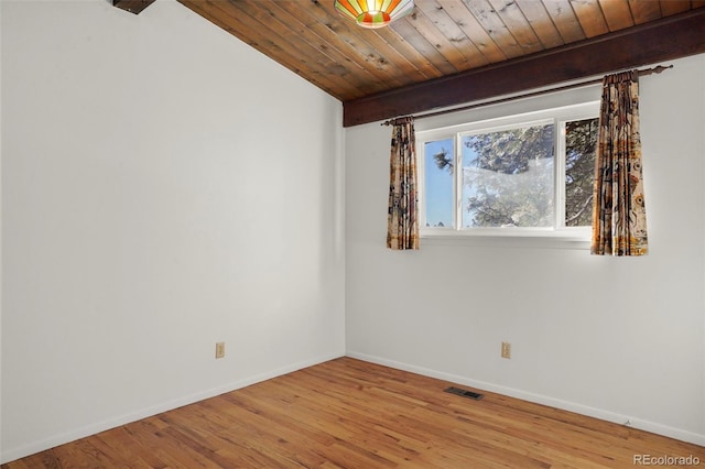 unfurnished room featuring wooden ceiling, beamed ceiling, and hardwood / wood-style floors