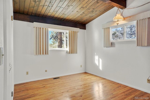 empty room featuring wood-type flooring, wood ceiling, and lofted ceiling with beams