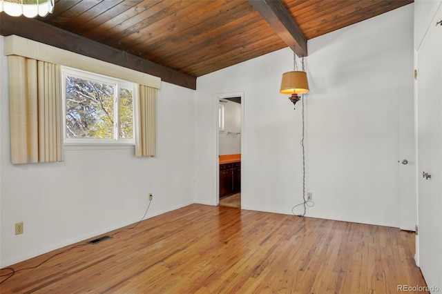 unfurnished room with lofted ceiling with beams, light wood-type flooring, and wooden ceiling