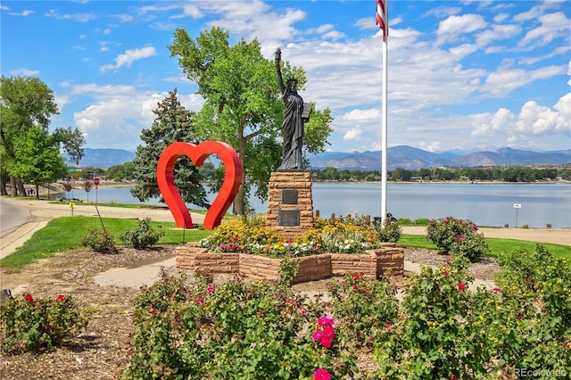 community / neighborhood sign featuring a water and mountain view